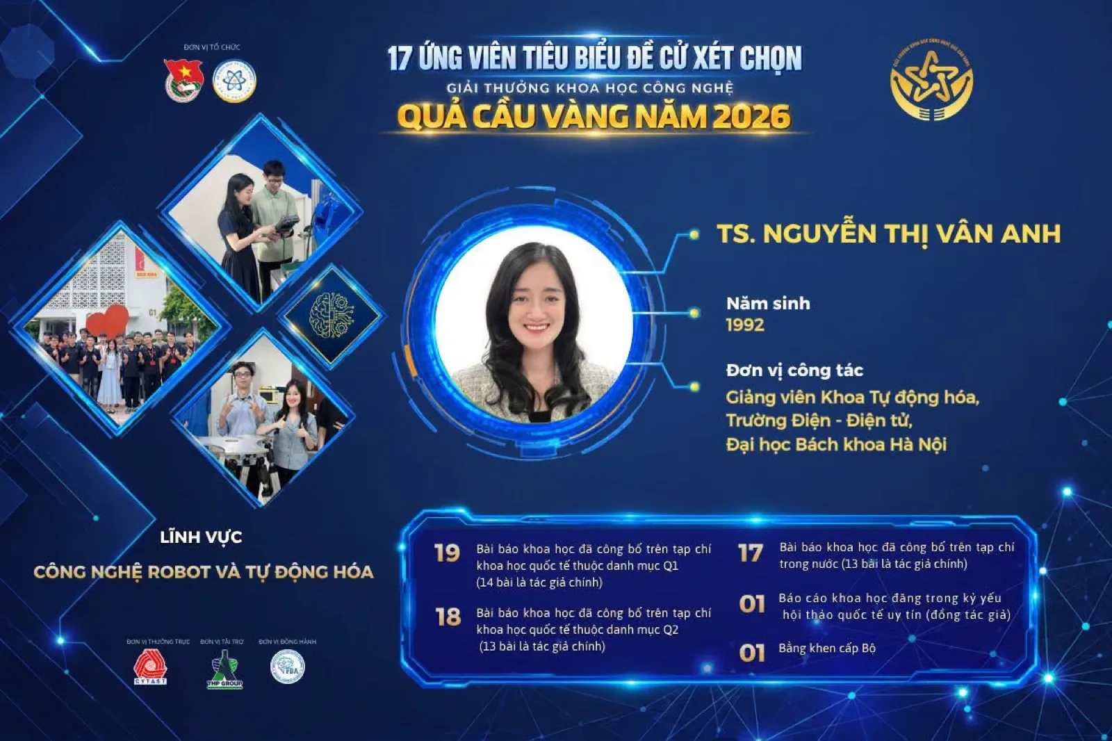TS. Nguyễn Thị Vân Anh - ứng viên đề cử Giải thưởng Quả Cầu Vàng 2026, lĩnh vực Công nghệ robot và tự động hóa