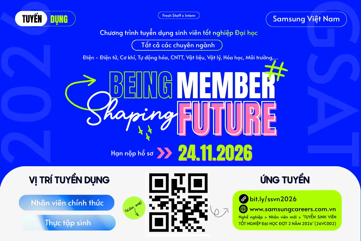 Poster tuyển dụng Samsung Việt Nam Fresh Staff và Intern 2026, hạn nộp hồ sơ 24/11/2026